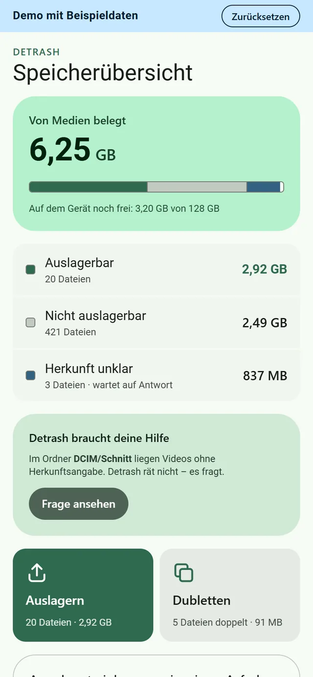 detrash – App-Ansicht mit Beispieldaten