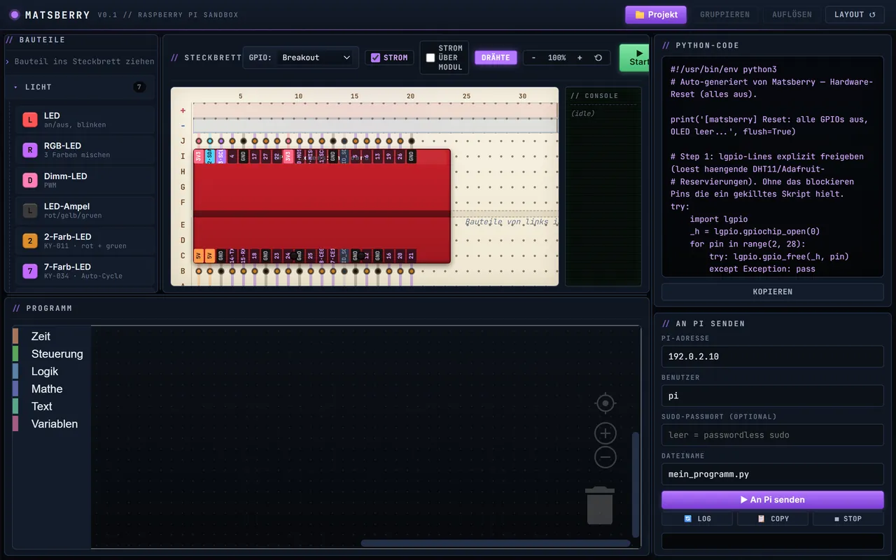 Matsberry: Raspberry-Pi-Sandbox mit Bauteilliste, Steckbrett mit Breakout-Board, Blockbereich für das Programm und erzeugtem Python-Code