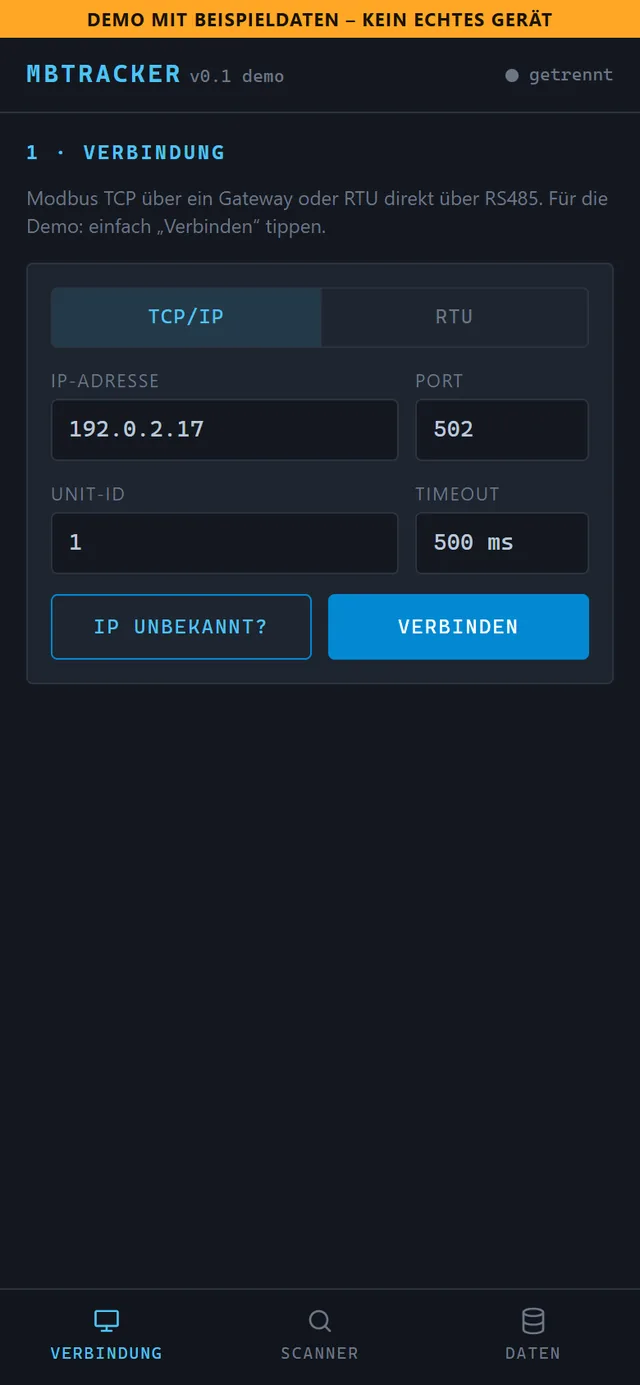 MBTracker – App-Ansicht mit Beispieldaten