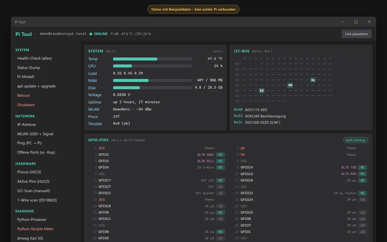 RaspDiagnose – Dashboard mit Beispieldaten