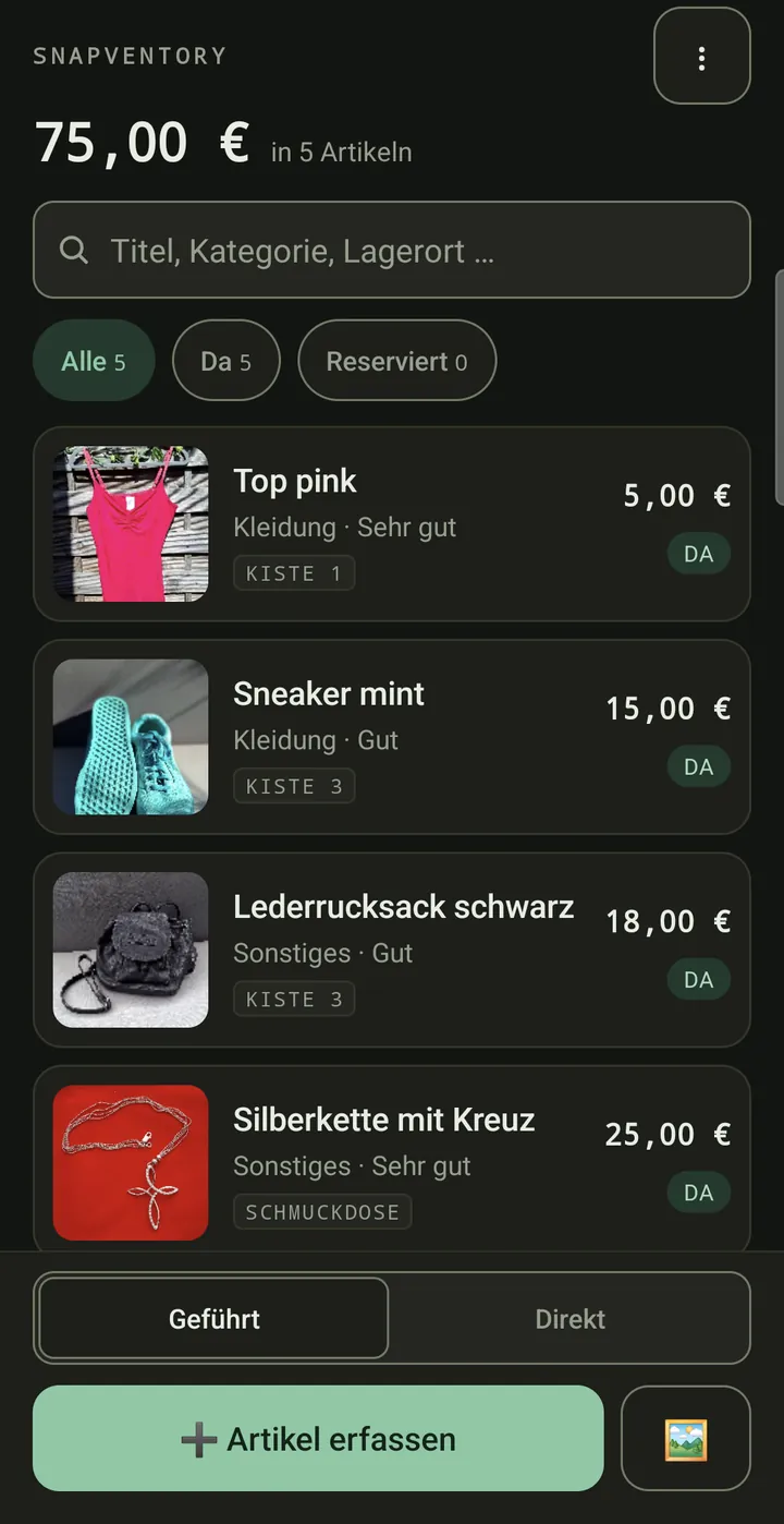 SnapVentory: Übersicht mit fünf Artikeln, Gesamtwert 75 Euro, Suche und Filter nach Status