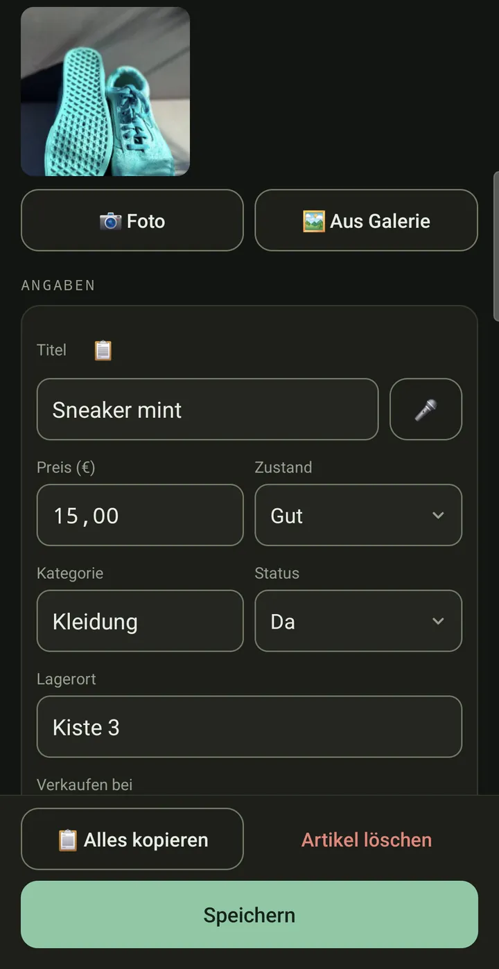 SnapVentory: Artikel bearbeiten mit Foto, Titel, Preis, Zustand, Kategorie und Lagerort